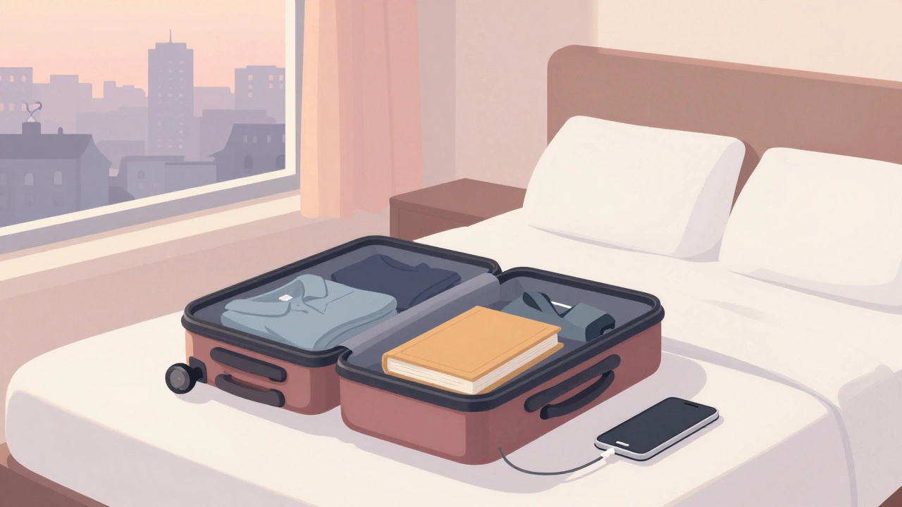 A minimalist suitcase on a motel bed beside a turned-off phone, dawn light through the window.