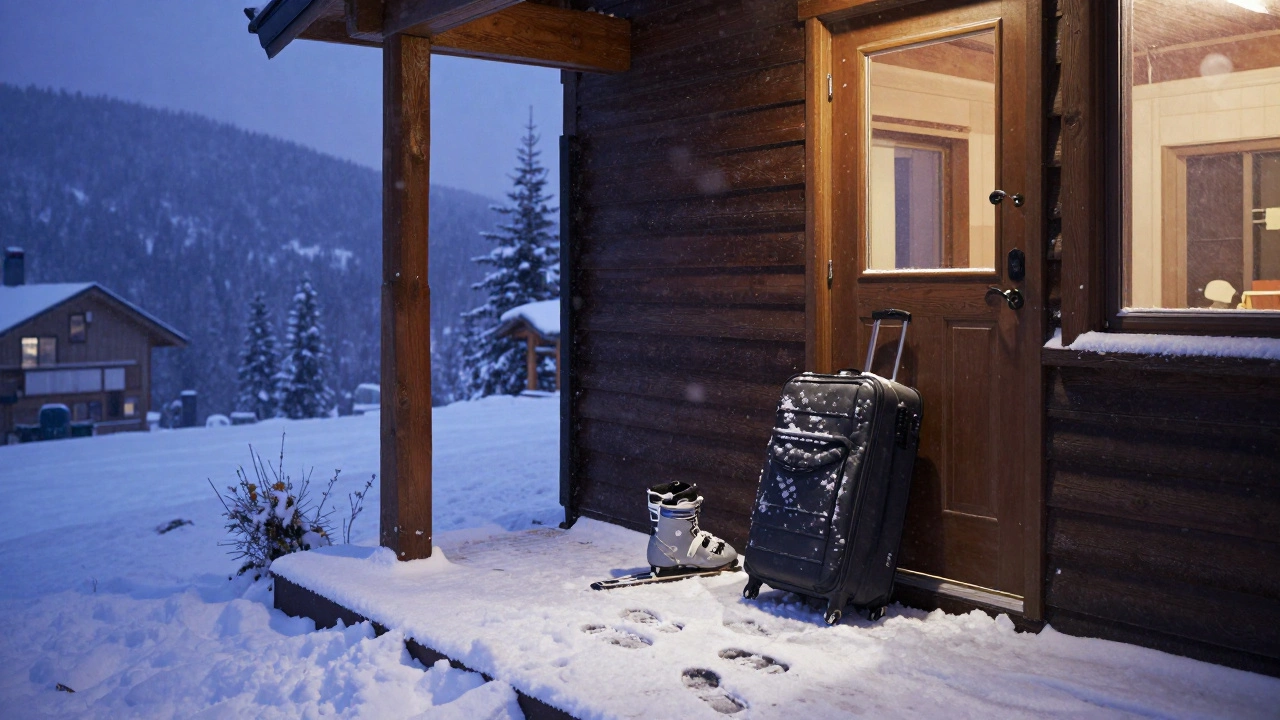 A snowy cabin in Whistler with ski boots on the porch and fresh footprints leading inside under falling snow.