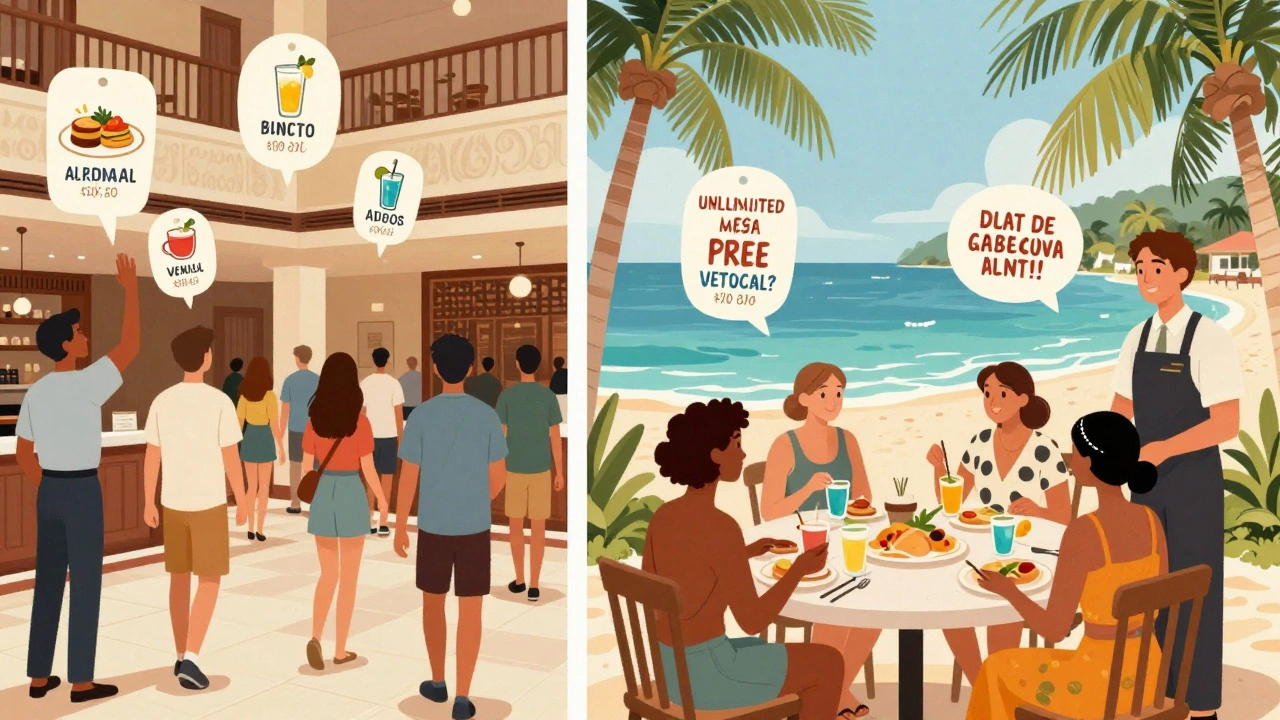 A split visual showing U.S. hotel pricing chaos versus a seamless all-inclusive resort experience in a tropical destination.