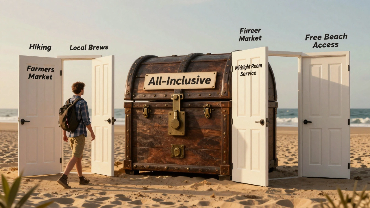 A traveler choosing multiple adventure doors over a locked 'all-inclusive' chest, symbolizing freedom.