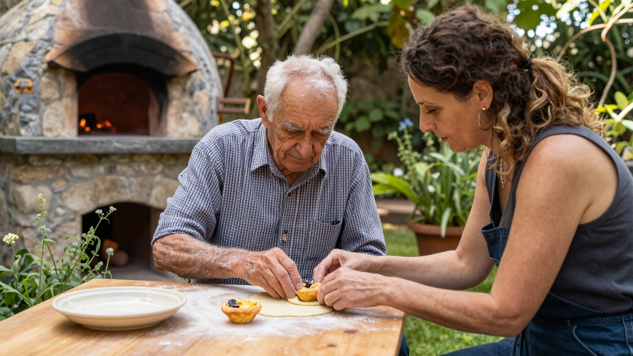 A woman learns to shape pastéis de nata dough from an elderly man in a Portuguese garden.