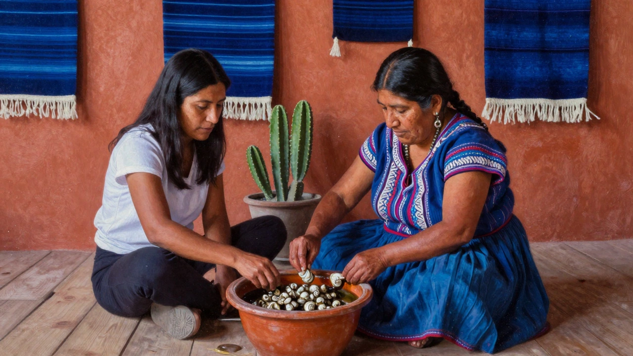 An elderly woman shows a traveler how to make natural dye from snails and cactus in Oaxaca.