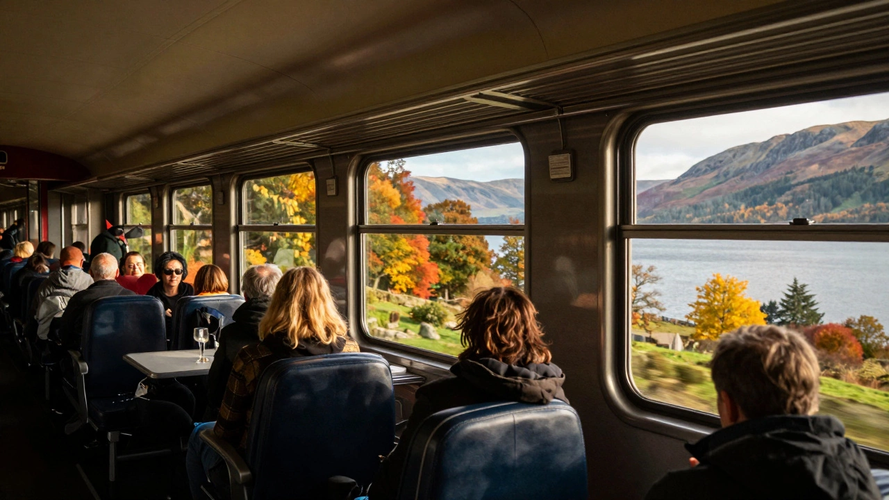 Autumn train journey through Lake District with scenic views and relaxed passengers.