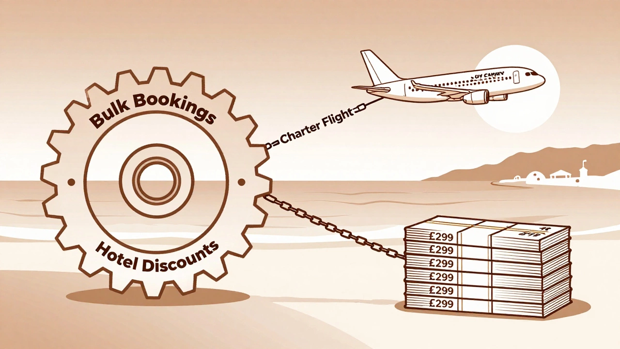 Gear system illustrating bulk bookings, charter flights, and low-cost holiday packages in minimalist style.