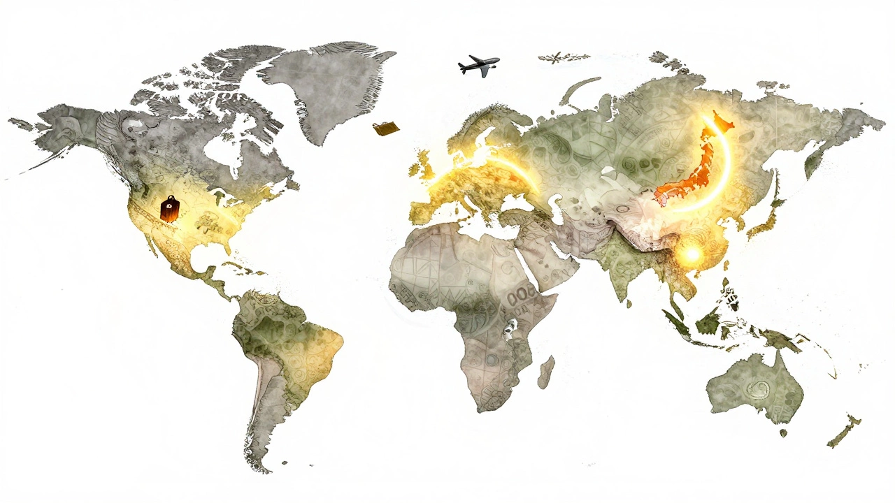 Global map glowing with currency values, golden Swiss franc halo over Europe, Japan, and Bali, suitcases flying to destinations.