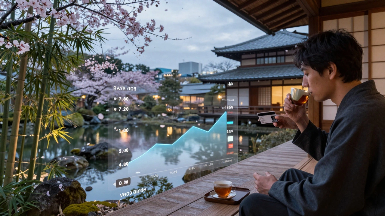 Luxury ryokan in Kyoto with traveler sipping tea, credit card beside them, cherry blossoms drifting, city lights reflecting on water.