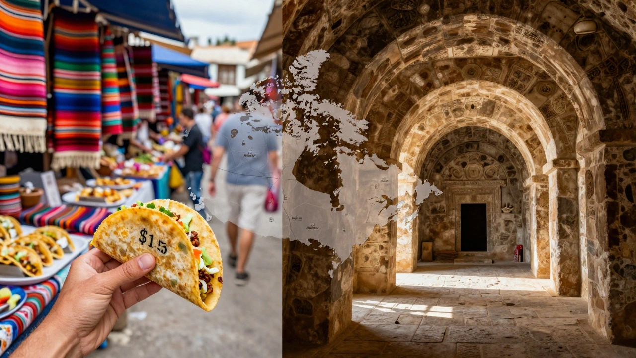 Oaxaca market tacos and Bulgarian Thracian tomb side by side, symbolizing affordable travel destinations.