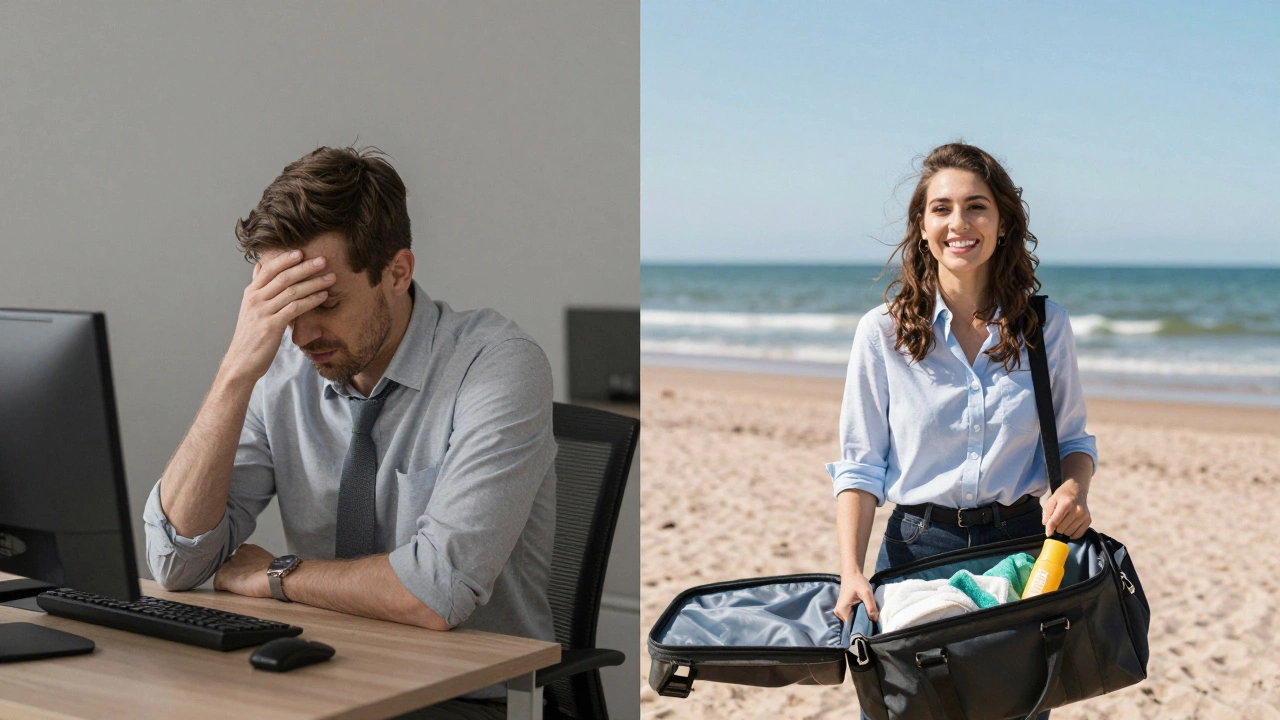 Split image of a stressed office worker and the same person smiling on a beach with a carry-on bag open beside them.