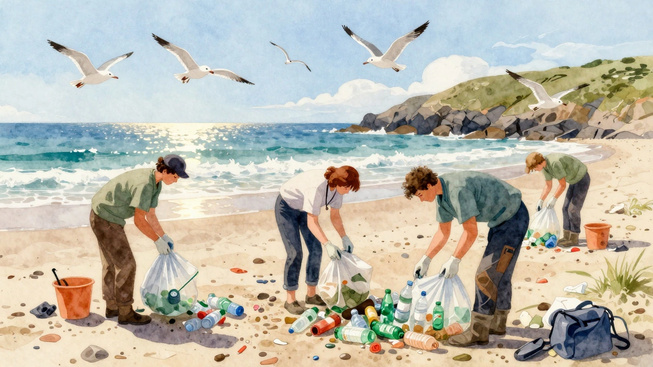 Volunteers cleaning plastic waste from Cornwall beach with seagulls and ocean in background.