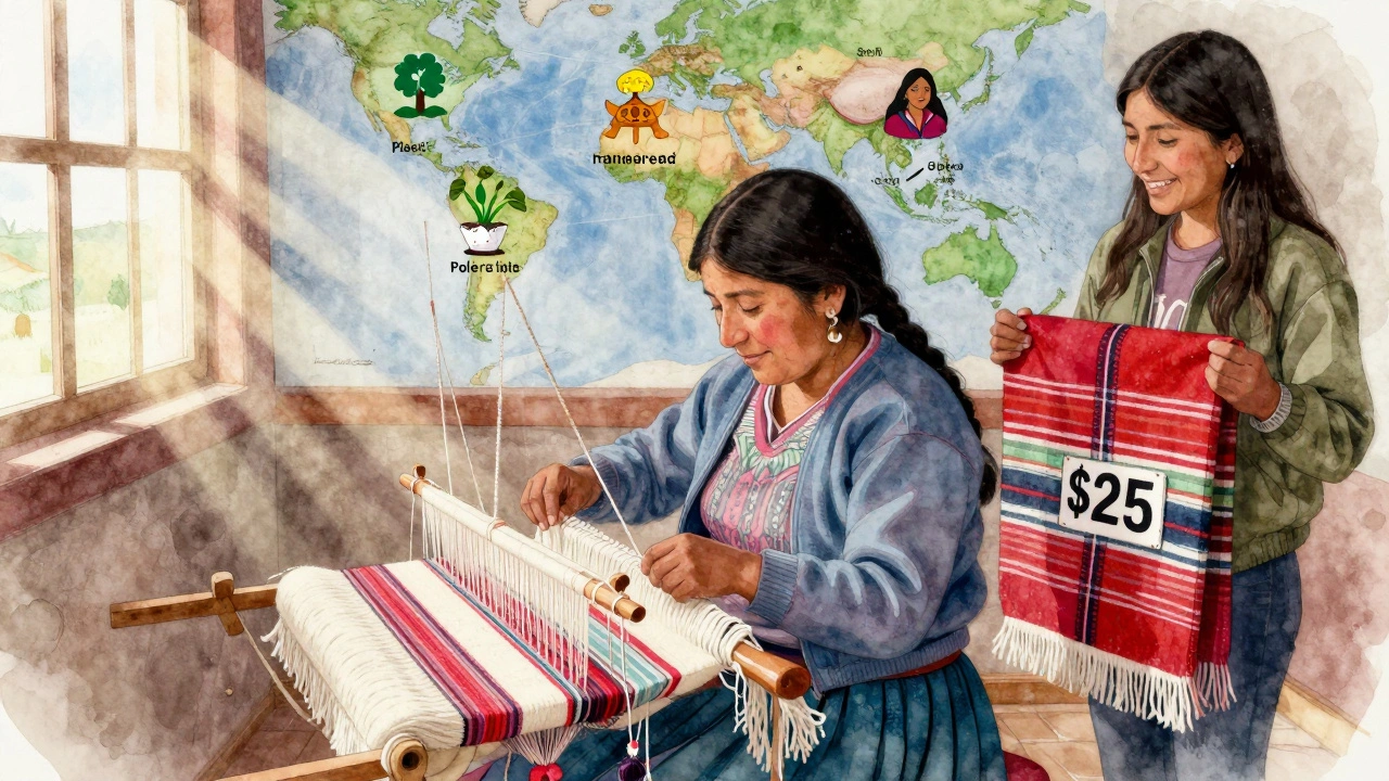 A Bolivian woman weaves alpaca blankets as a traveler admires one priced at , with a mural showing global impact icons in the background.