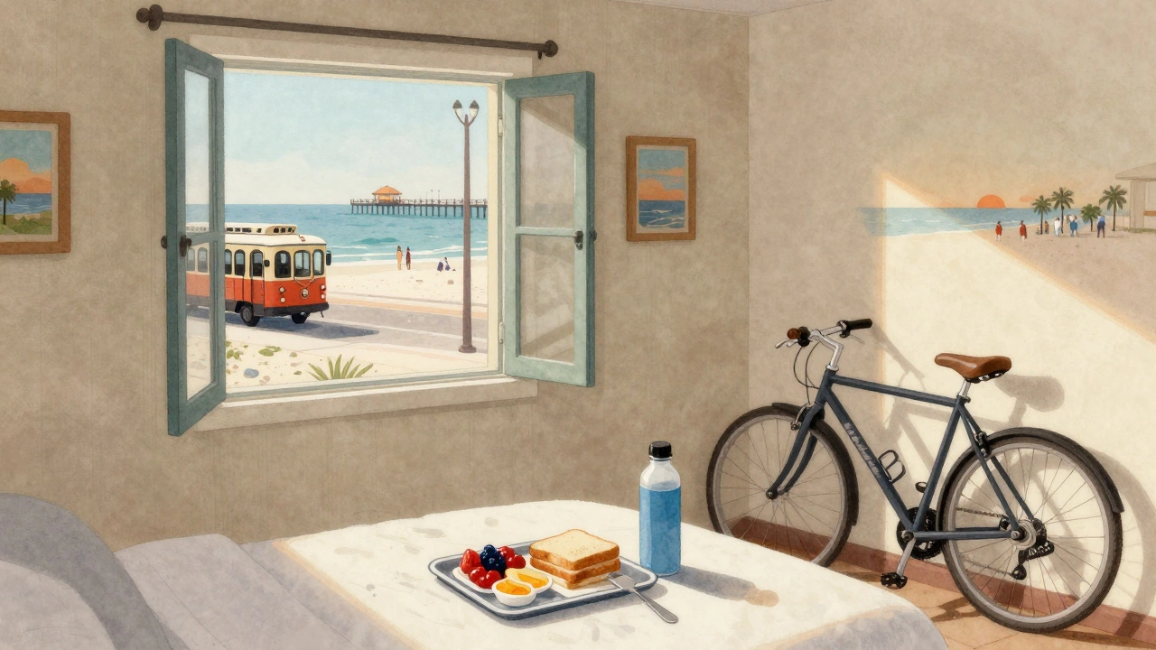 A budget traveler’s simple beachside room with a bike, breakfast, and ocean view from the window.