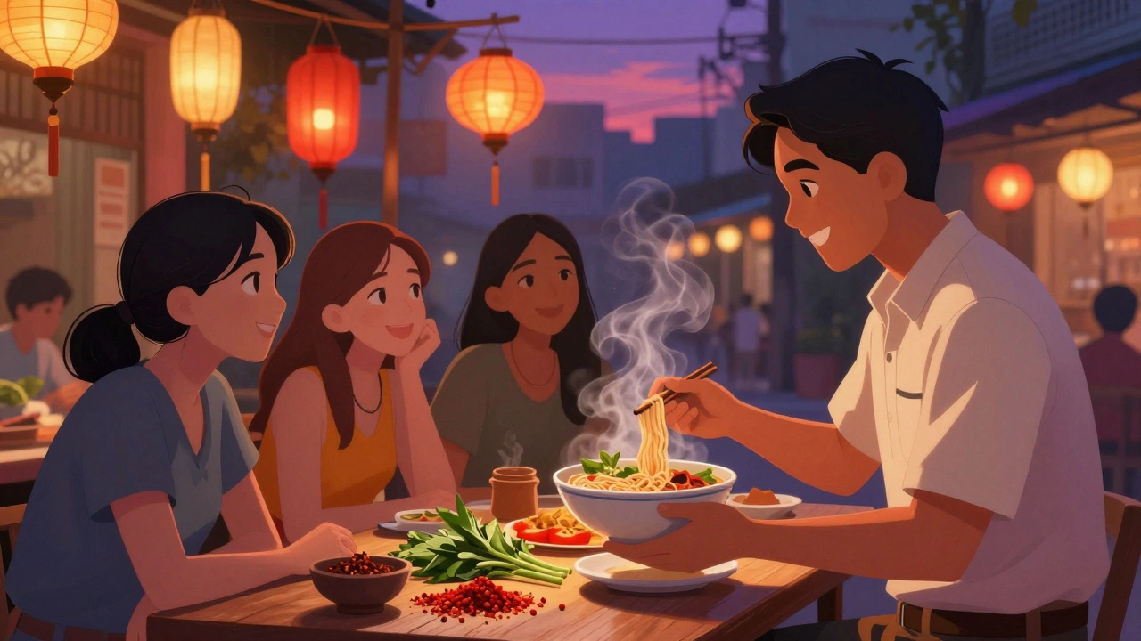 A diverse group enjoys a food tour in Bangkok, smiling as a local guide offers them steaming noodles under glowing lanterns.