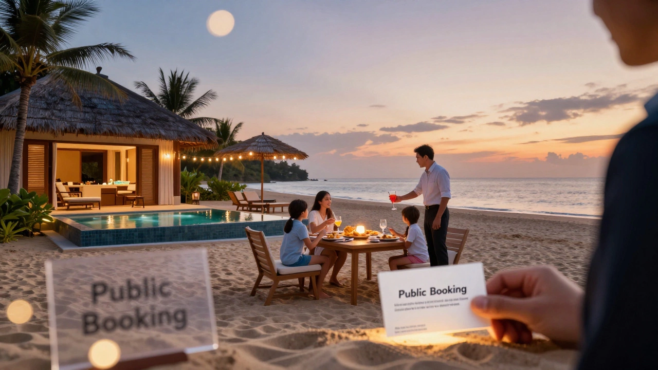 A family enjoying a luxury beachfront villa upgrade with complimentary dinner and a concierge, symbolizing hidden perks only agents can secure.