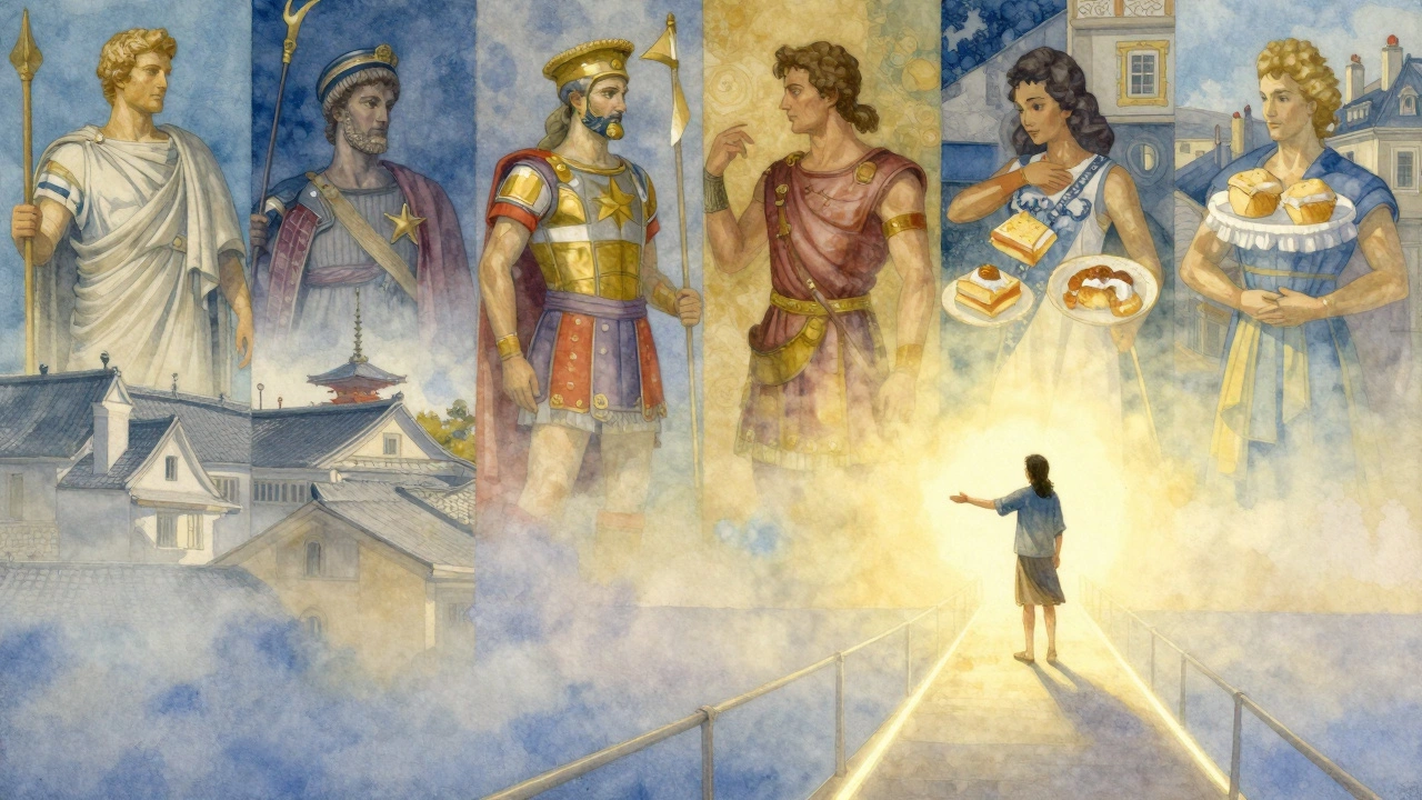 A guide depicted as a luminous bridge linking travelers to vivid historical scenes from cities around the world.