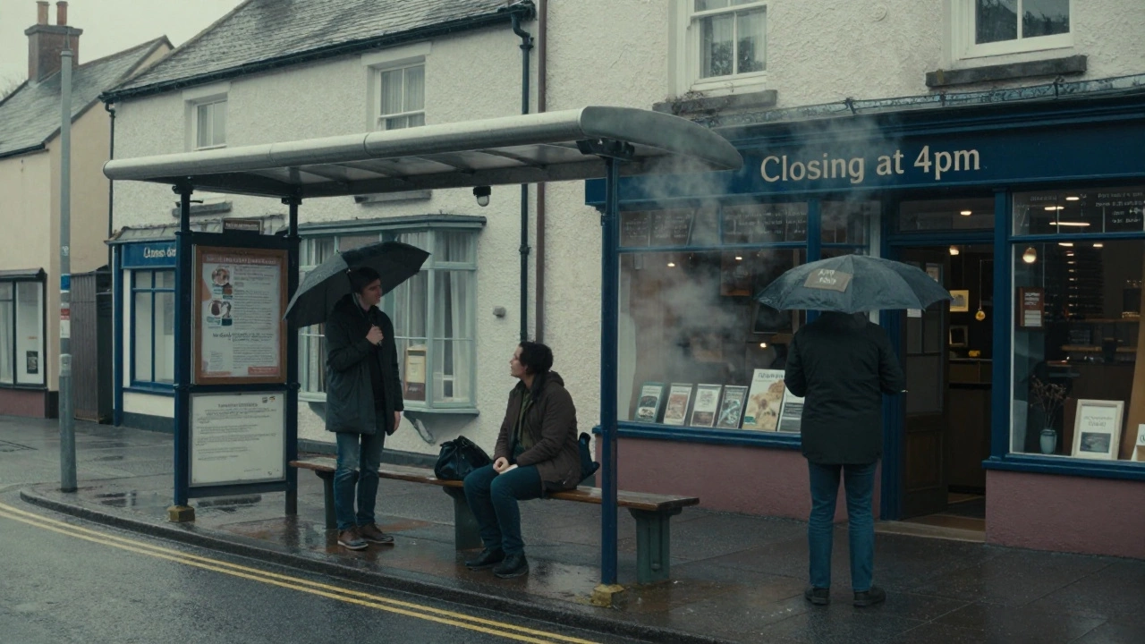 A rainy Sunday in a Welsh village with closed shops and an empty bus stop under gray skies.