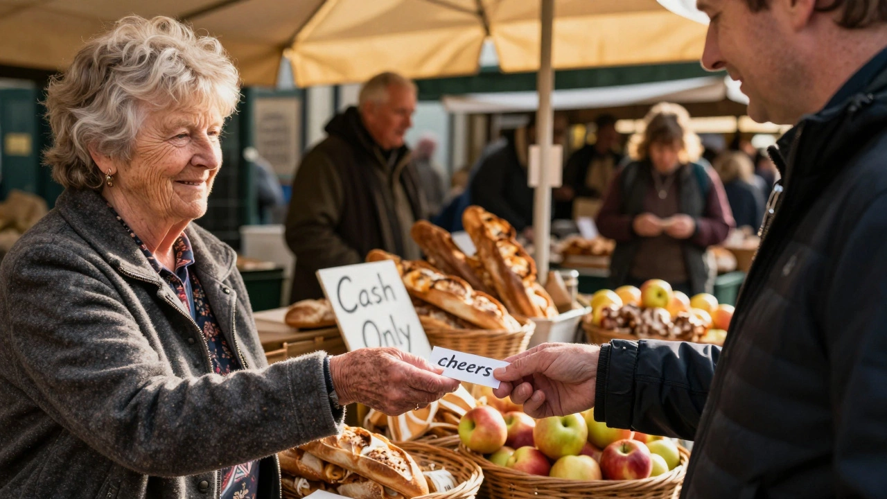 An elderly market vendor hands change to a tourist, both smiling as they exchange a polite 'cheers'.