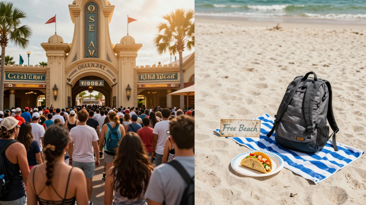 Contrast between expensive Orlando theme park crowds and a quiet, free Clearwater Beach with a fish taco.