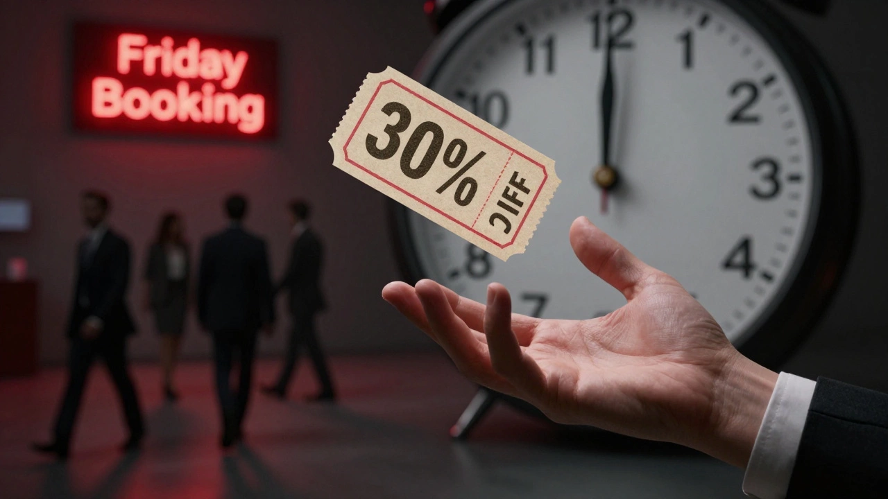 Hand grabbing a discounted flight ticket emerging from a clock showing Tuesday 3 p.m.
