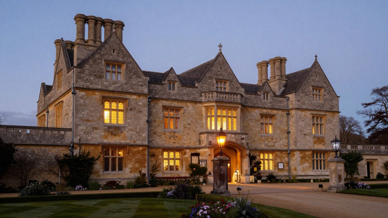 Historic Cotswold manor house with warm lights at dusk