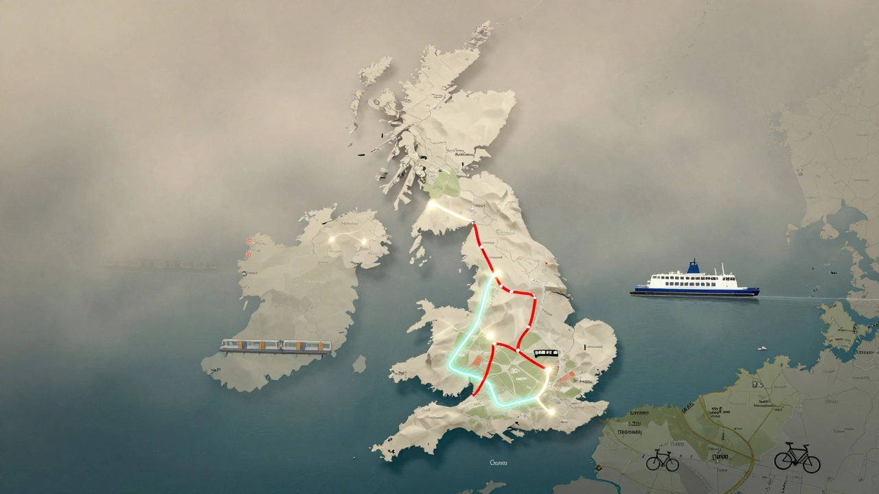 Overlaid map of UK transport routes including train, bus, ferry, and bike paths in soft earth tones.