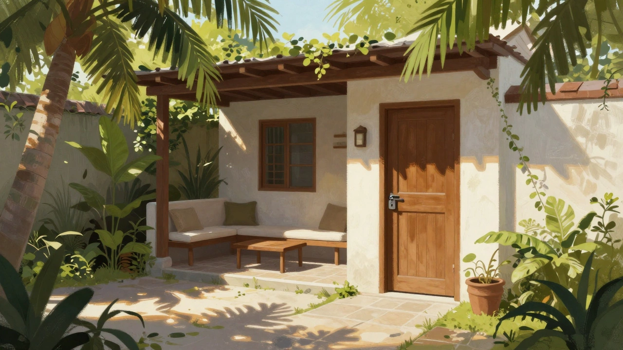 Peaceful garden courtyard of a budget guesthouse surrounded by green plants and warm sunlight.