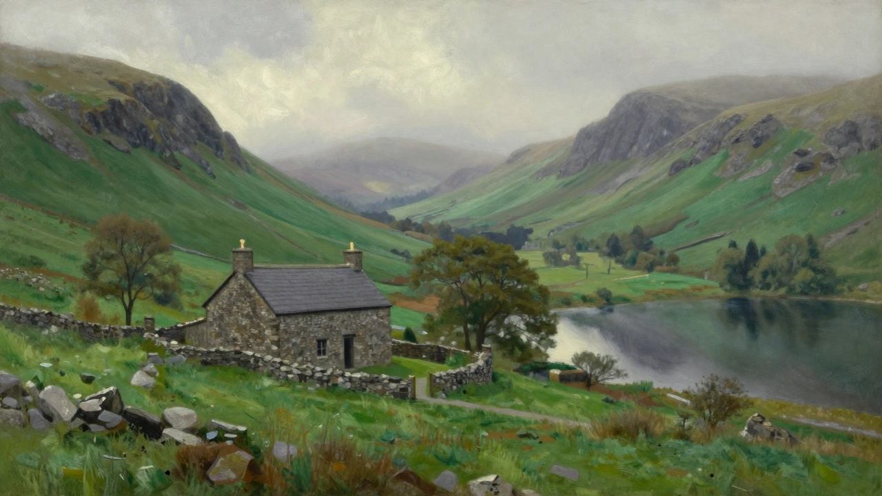 Stone cottage by a misty lake in the countryside.