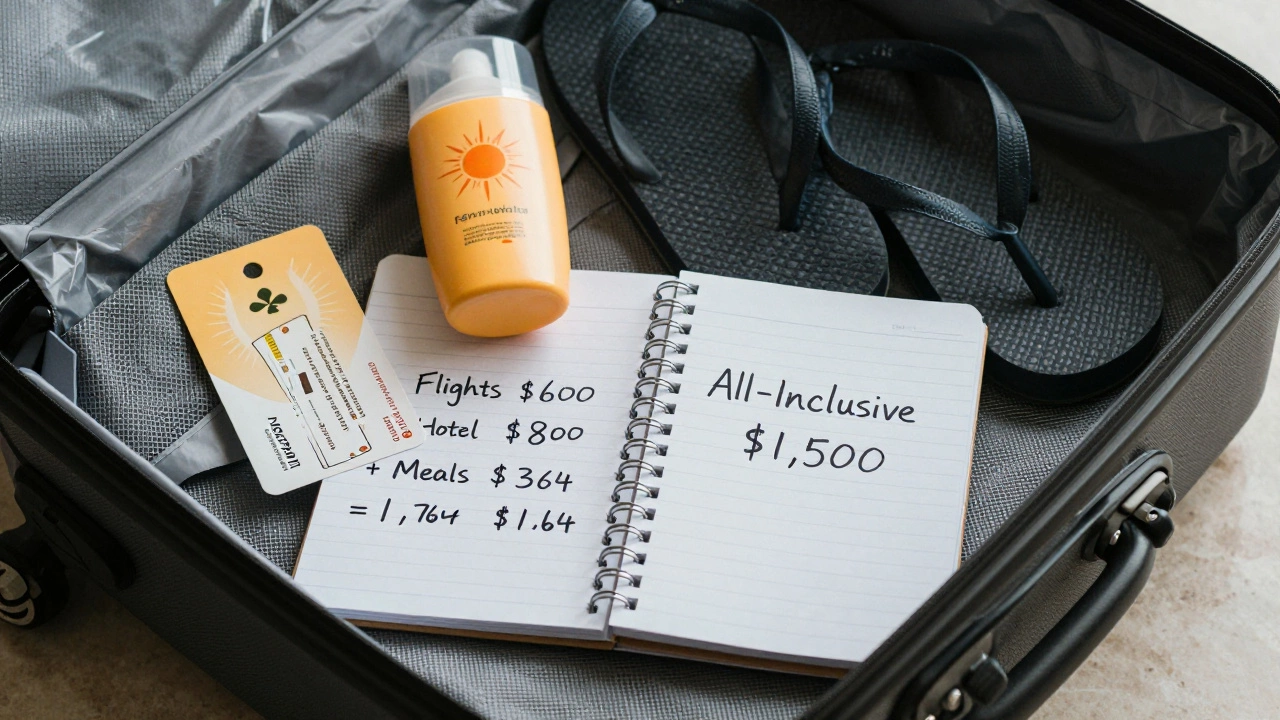 Suitcase with resort items next to handwritten travel cost comparison