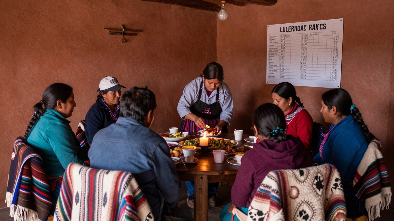 Travelers share a meal with local chefs in a Peruvian lodge, while a ledger shows community contributions to schools and clean water.