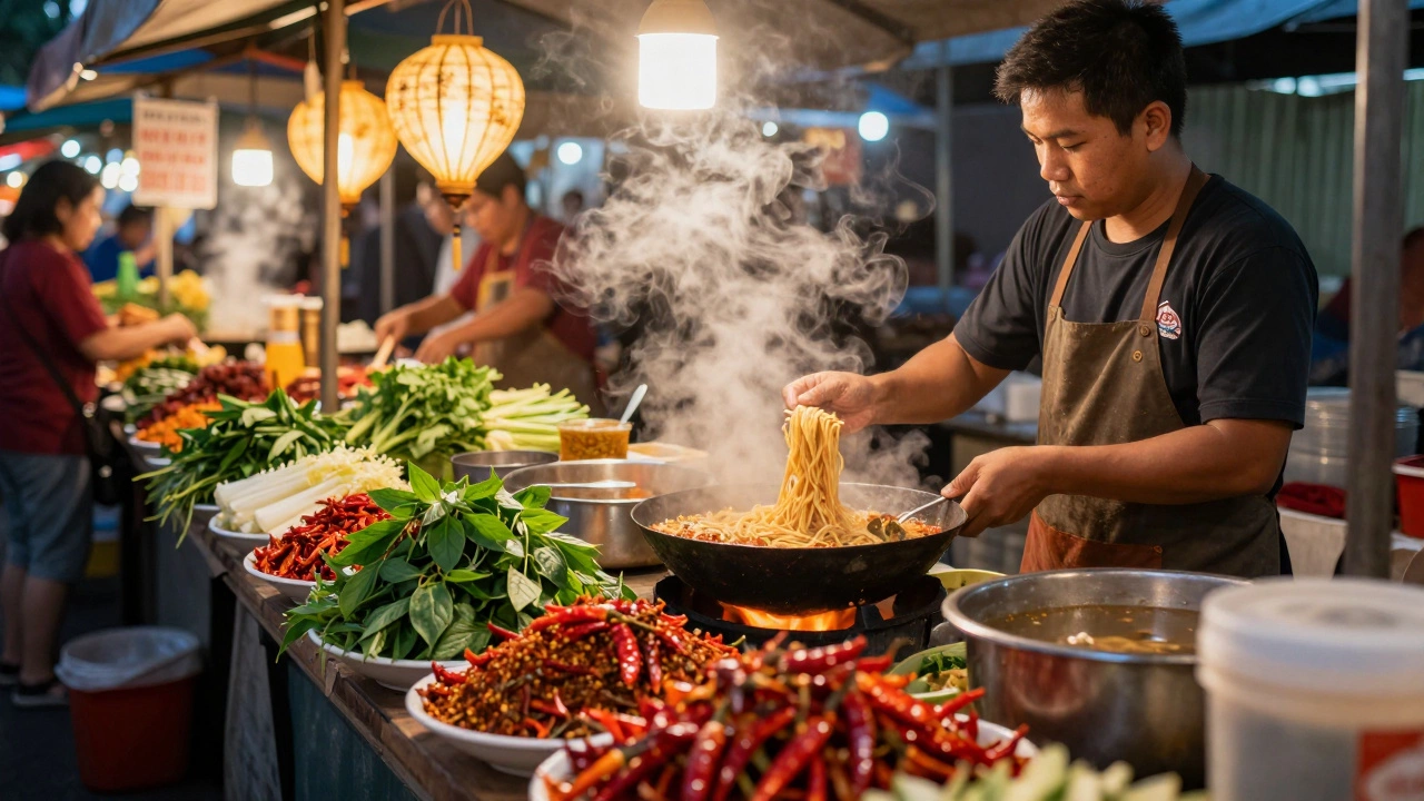 Vibrant street food stall in Southeast Asia with steaming dishes and fresh ingredients.