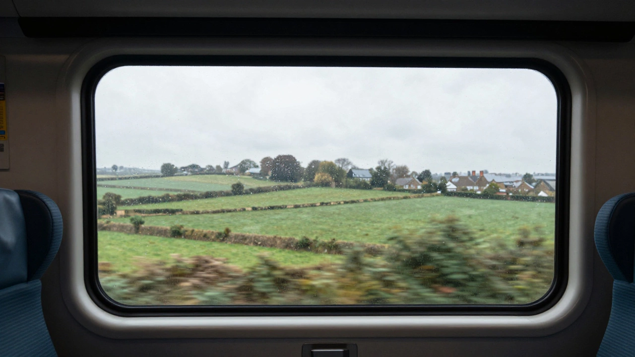 View of green countryside from a moving train window.