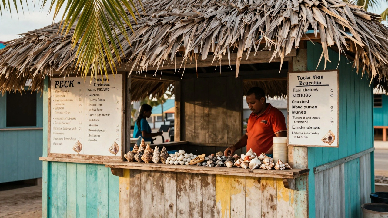 A colorful local seafood conch stand with a thatched roof on a sunny day