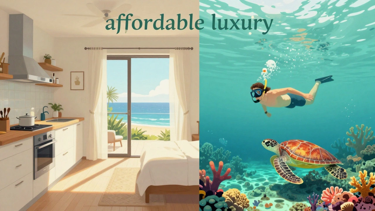 A cozy vacation rental interior and a person snorkeling among colorful coral reefs