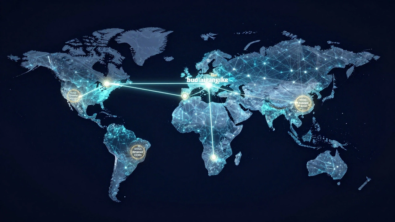 A glowing digital map showing a travel hub connecting to regional destinations