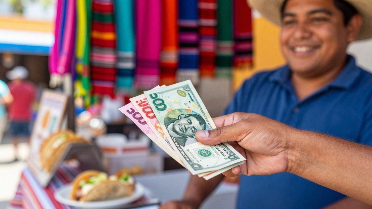 A hand paying with cash at a colorful local street food market