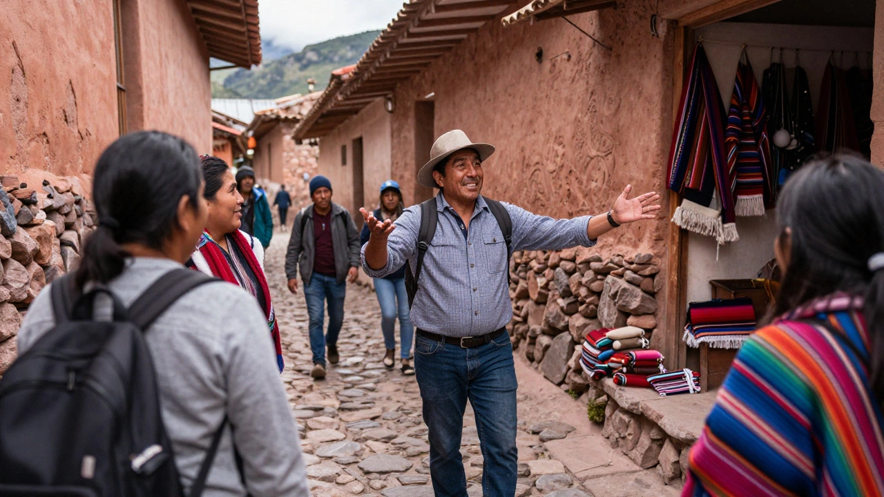 A local Peruvian guide leading a small group of tourists through a mountain village alley