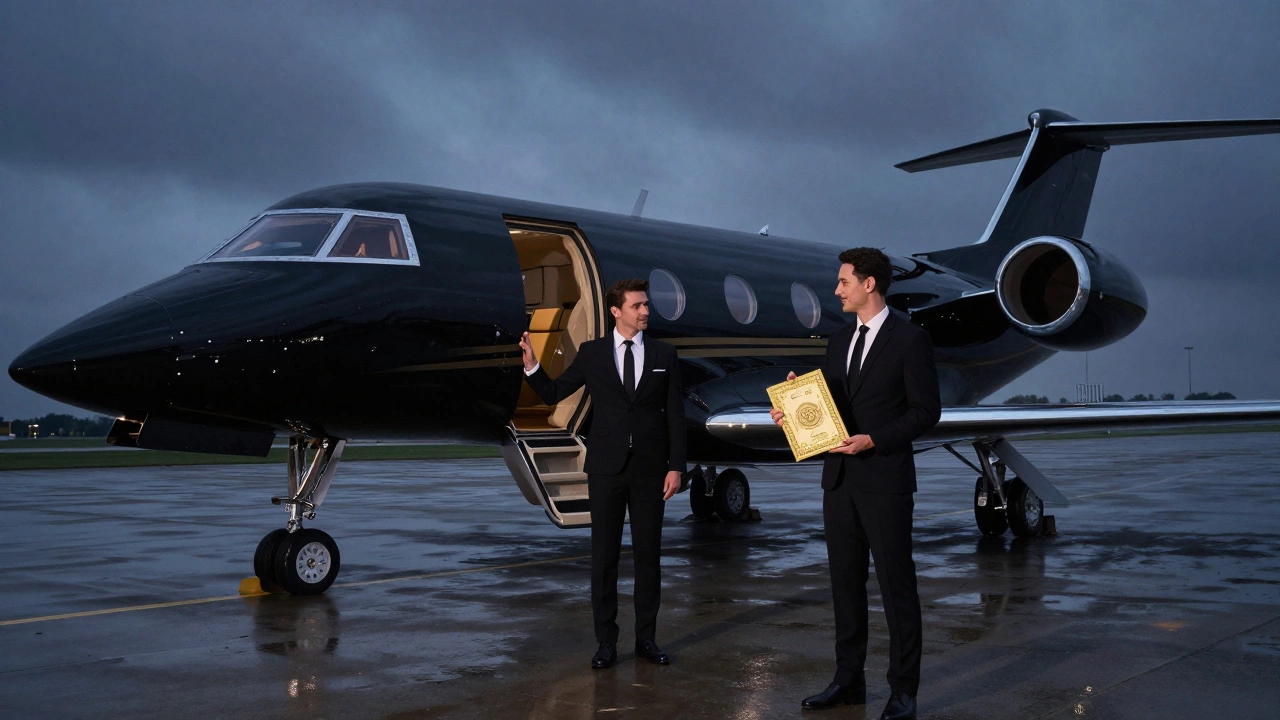 A luxury private jet on a tarmac at twilight with a professional concierge