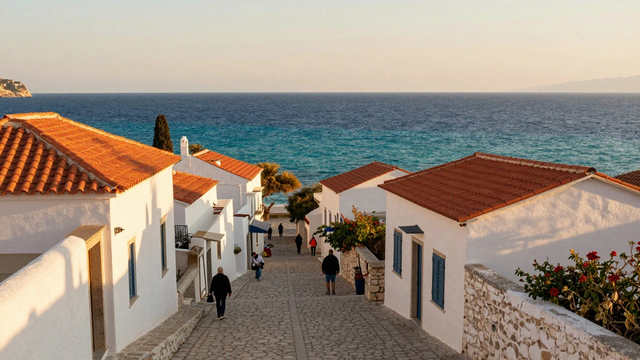 A quiet Mediterranean village street during the autumn shoulder season