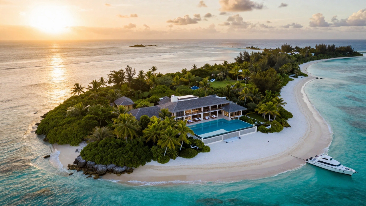 Aerial view of a private luxury island villa with an infinity pool and turquoise water
