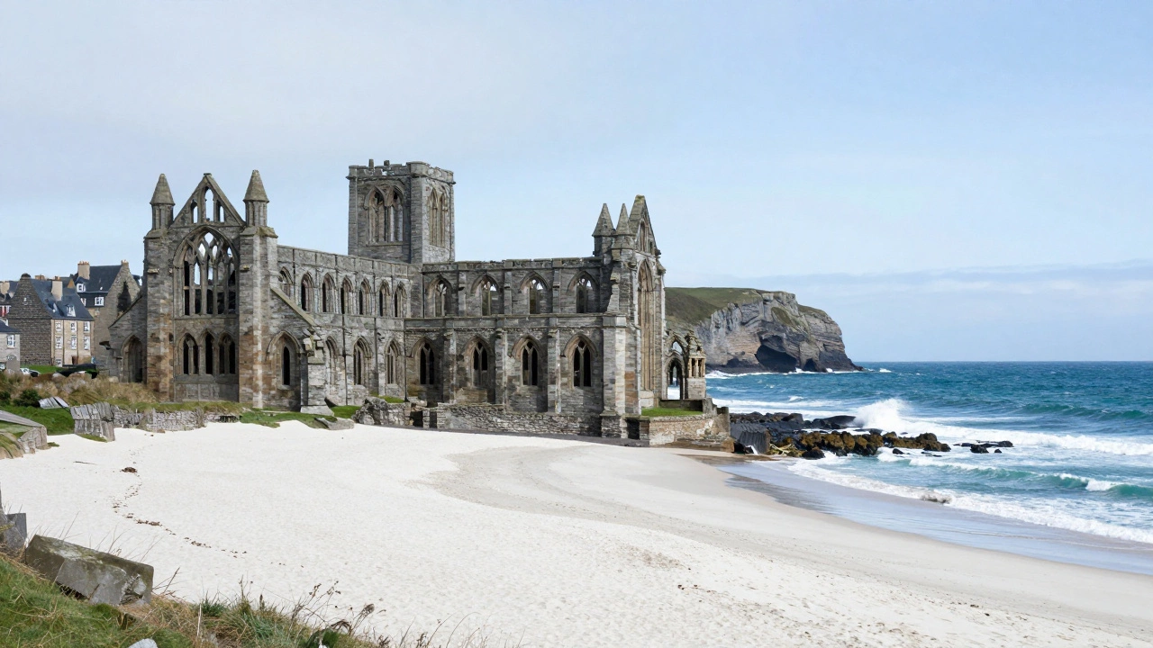 Ancient stone cathedral ruins overlooking a white sandy beach in St Andrews
