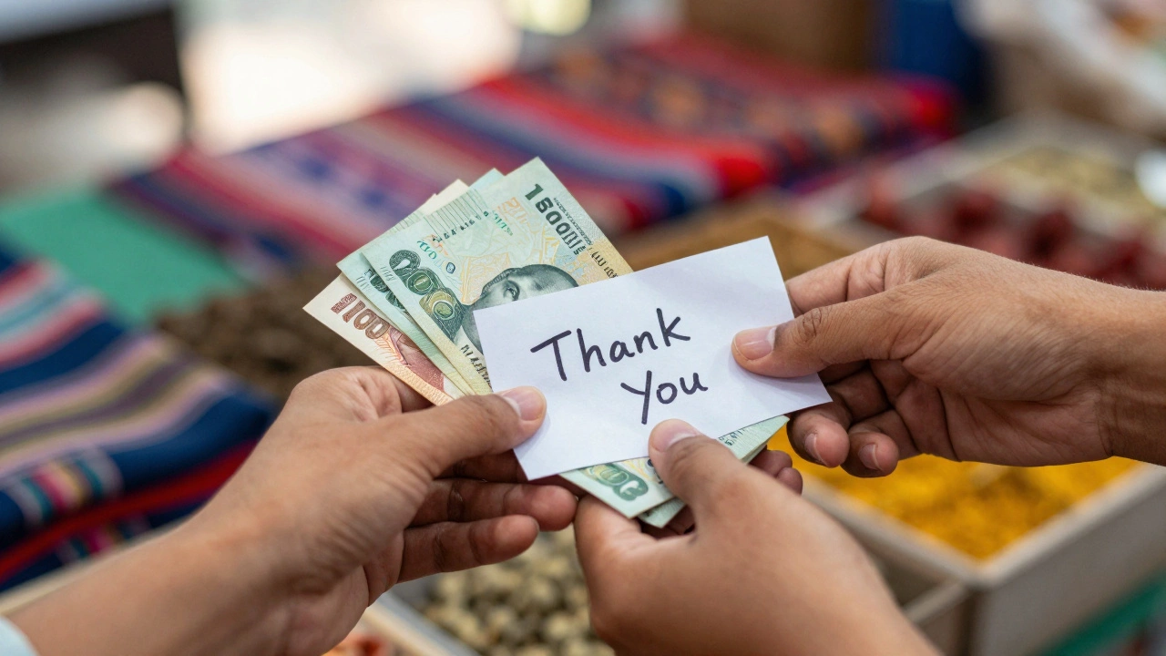 Close-up of hands giving local currency and a thank you note in a vibrant market