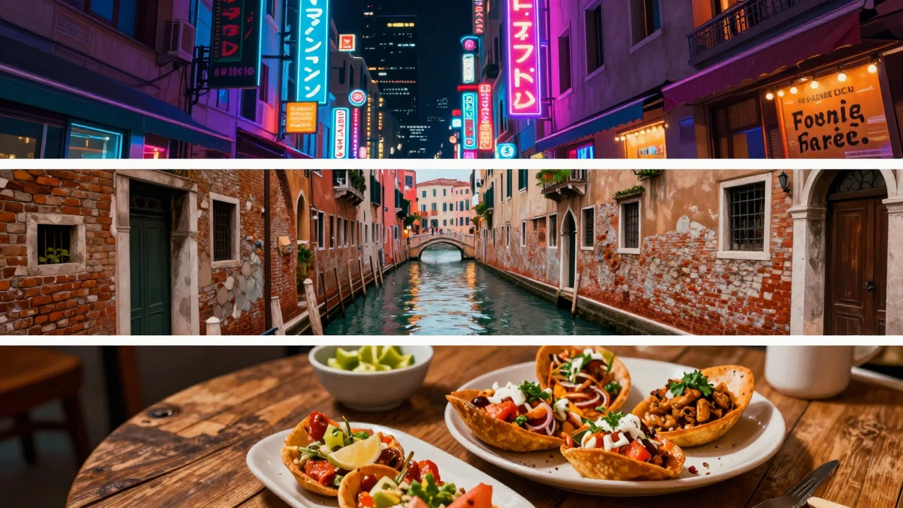 Collage of Tokyo neon lights, Venice canals, and gourmet Spanish tapas