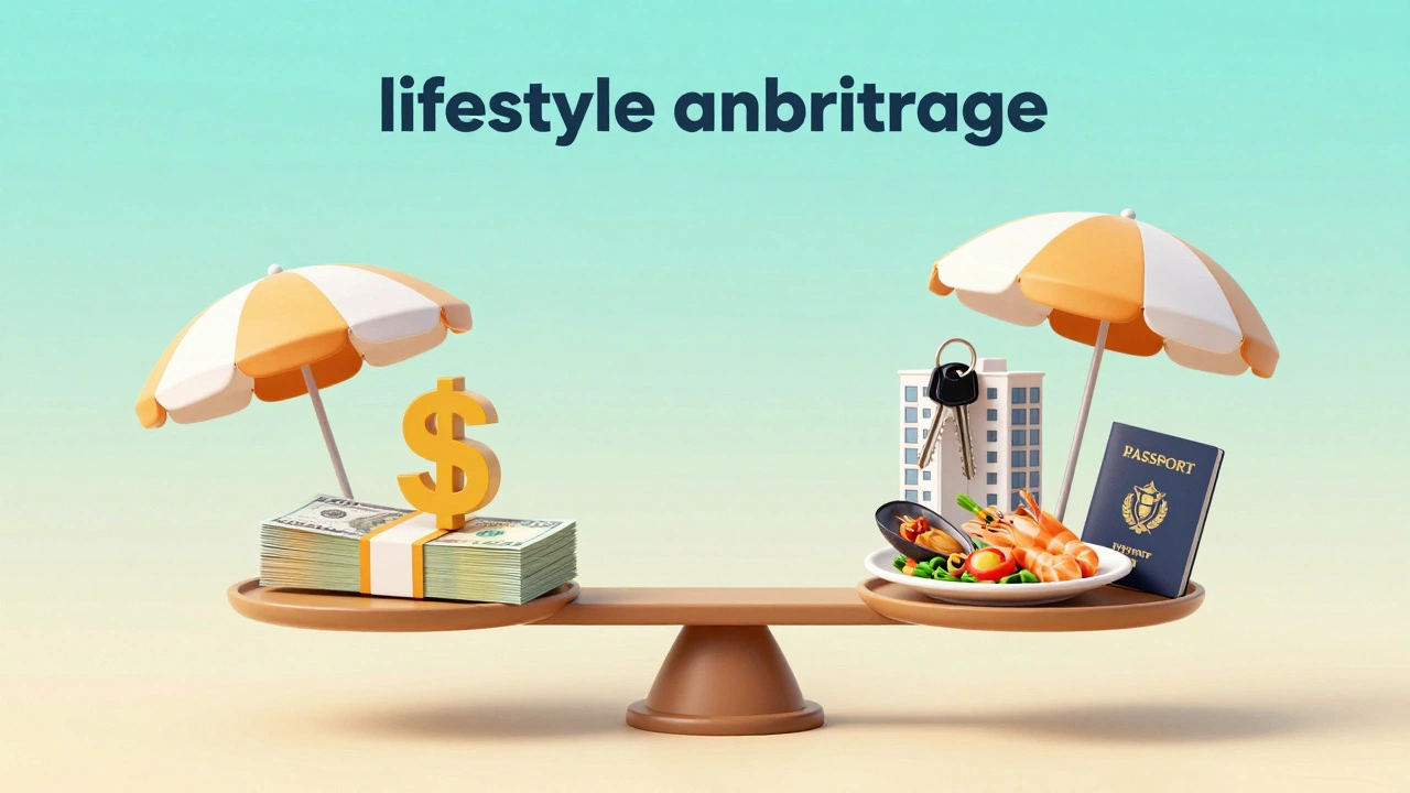 Conceptual 3D art of a scale balancing currency with luxury travel and living experiences