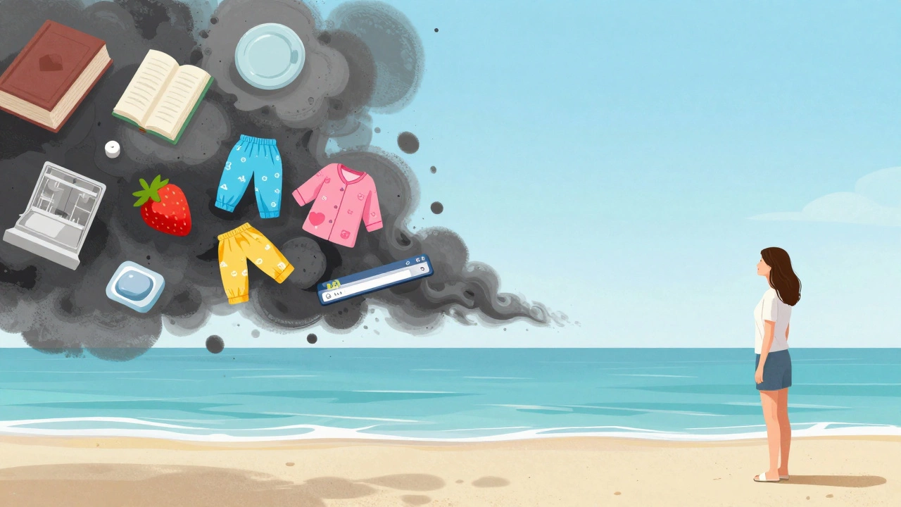 Conceptual image showing a woman moving from chaotic mental clutter to a peaceful beach.