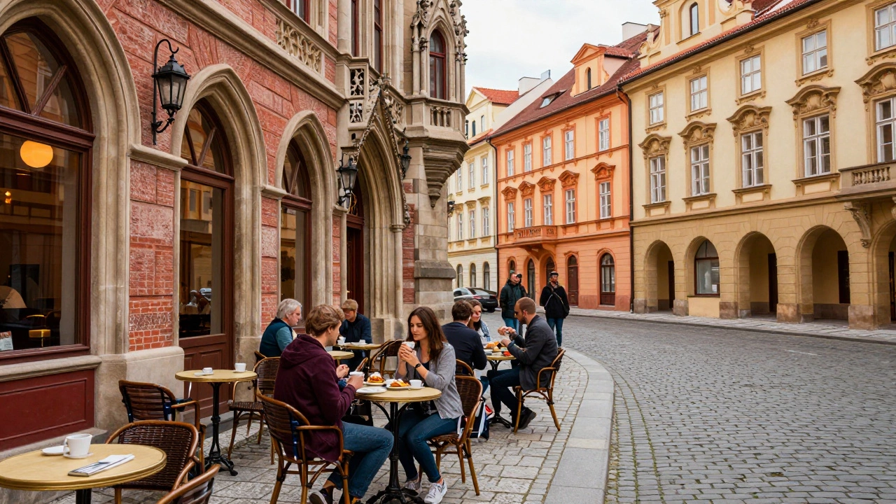 Cozy outdoor cafe on a cobblestone street with Gothic architecture in Budapest