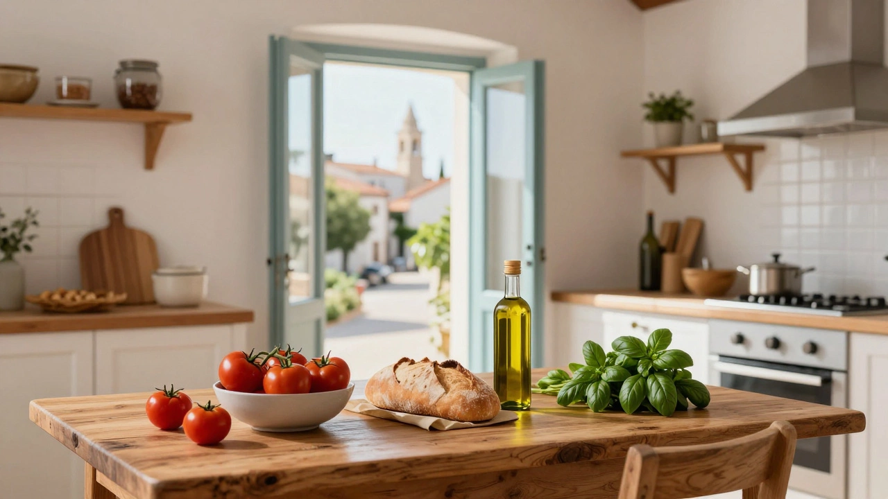 Fresh local market ingredients on a rustic table in a vacation rental villa