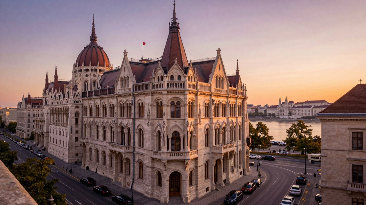 Historic architecture and ornate buildings in Budapest during golden hour