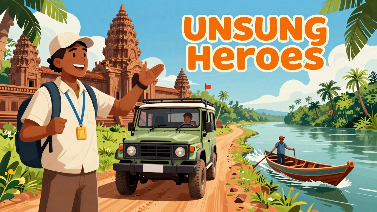 Illustration of a local guide, a driver, and a boat captain in various travel settings