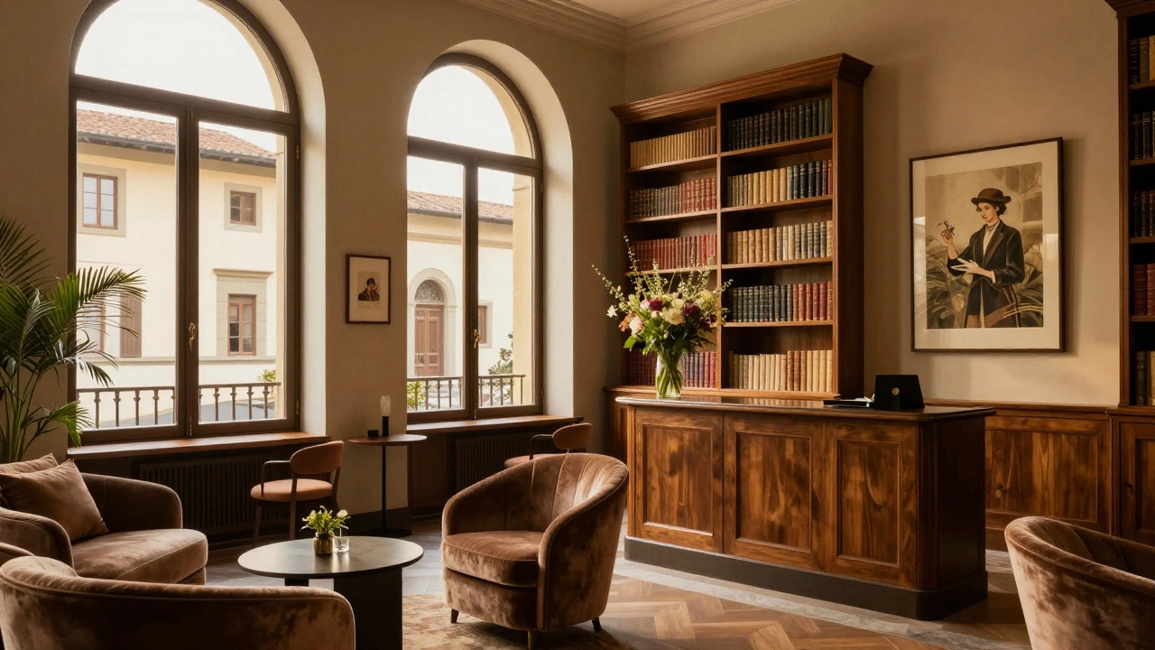 Interior of a stylish, intimate boutique hotel lobby with vintage decor