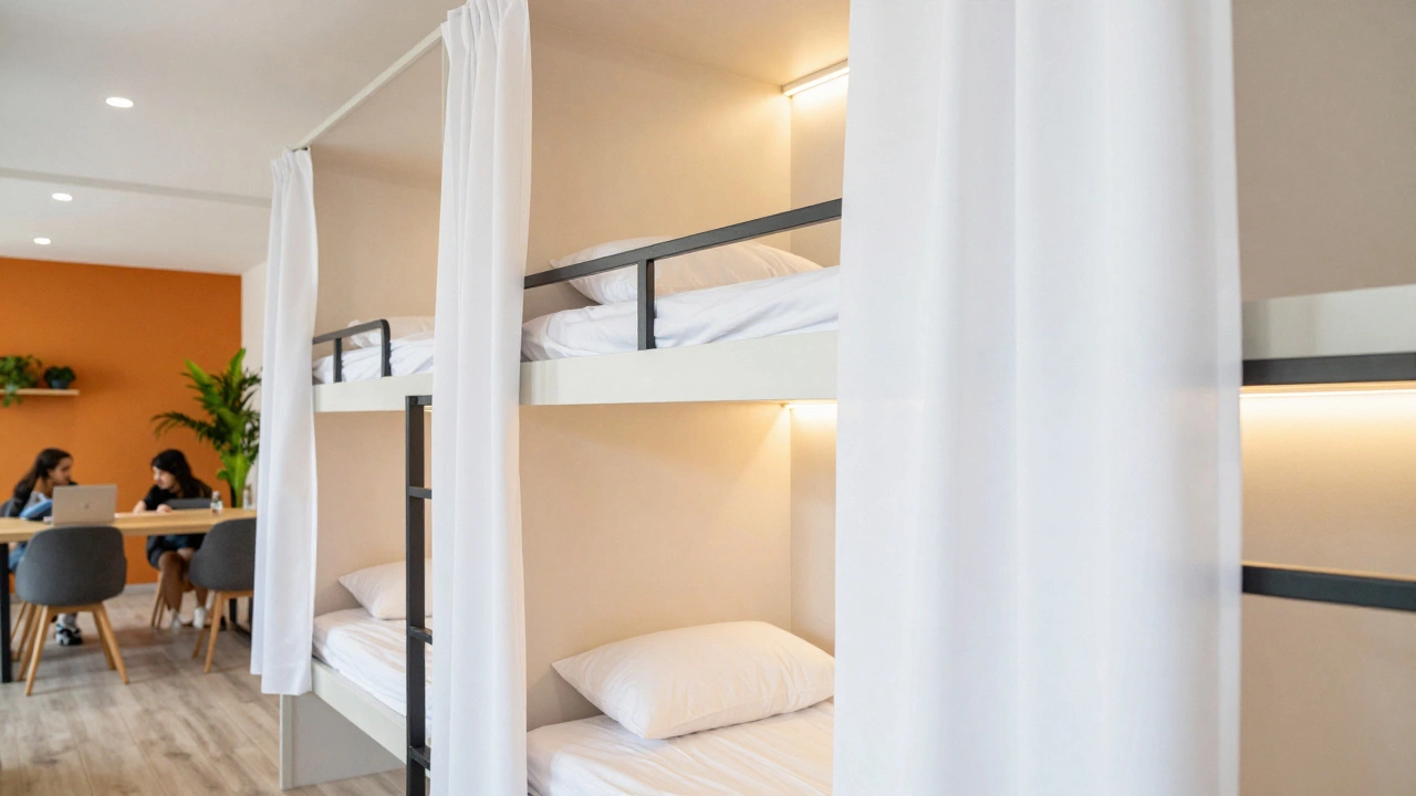 Modern hostel pod bed with privacy curtains and warm interior lighting