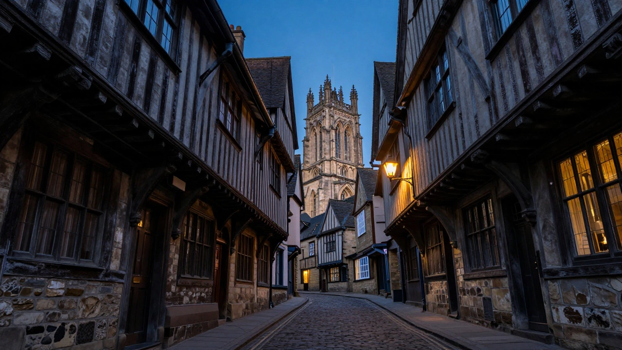 Narrow medieval street in York with overhanging timber buildings and a cathedral spire